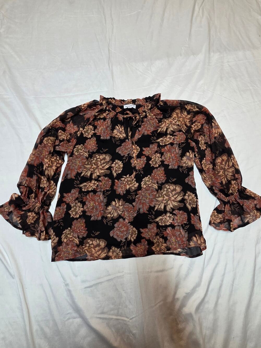 Veronica M Black Floral Ruffle Tie-Neck Blouse